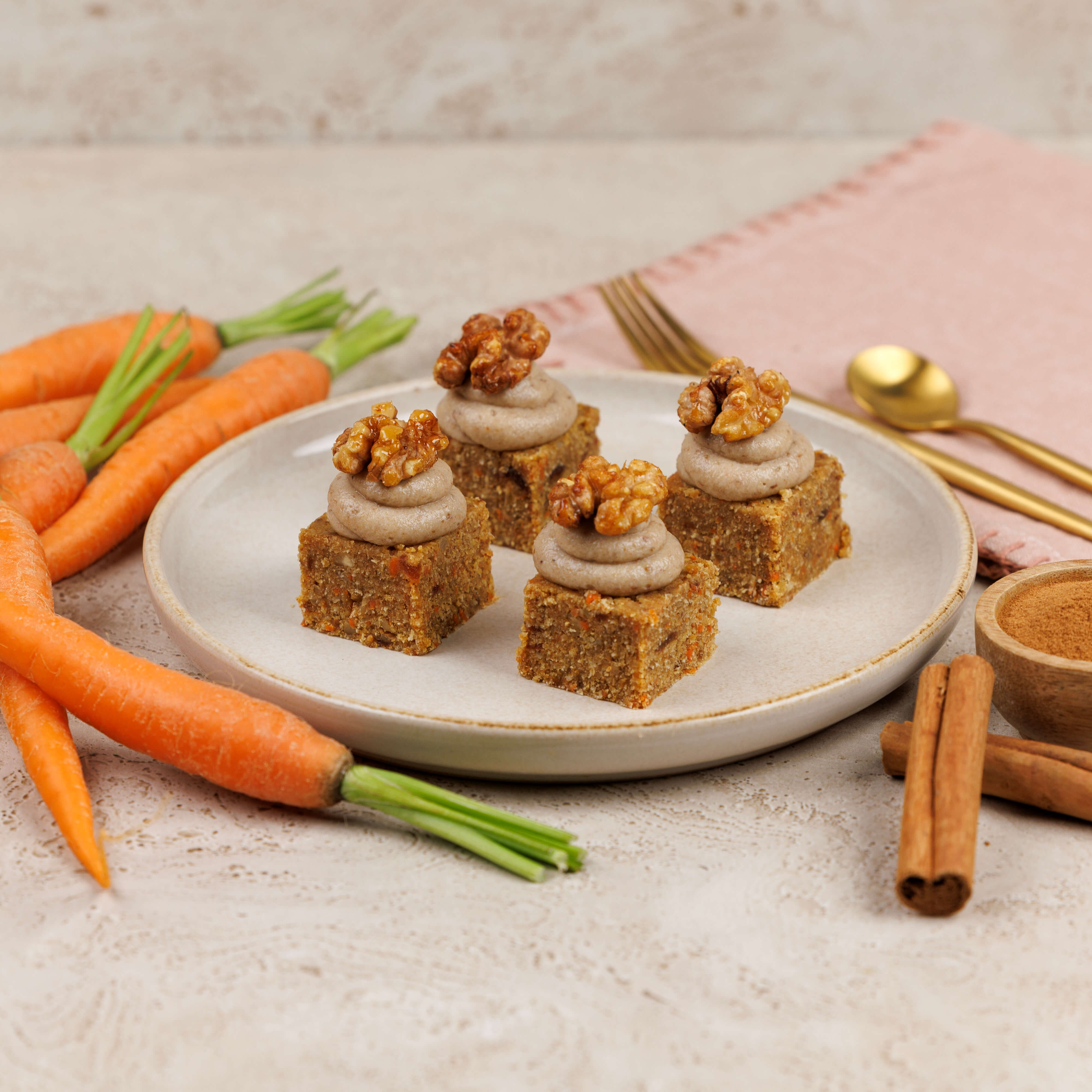 Raw Carrot Cake Bites with Vanilla Frosting & Maple Walnuts